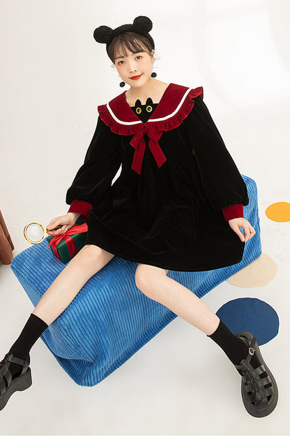 Black Velvet Cat Eye Neck Long Sleeves High Waisted Sweet Lolita OP Dress