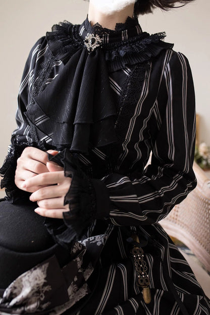 Black Stand Collar Long Sleeves Multi-layer Striped Print Ruffle Gothic Lolita Dress