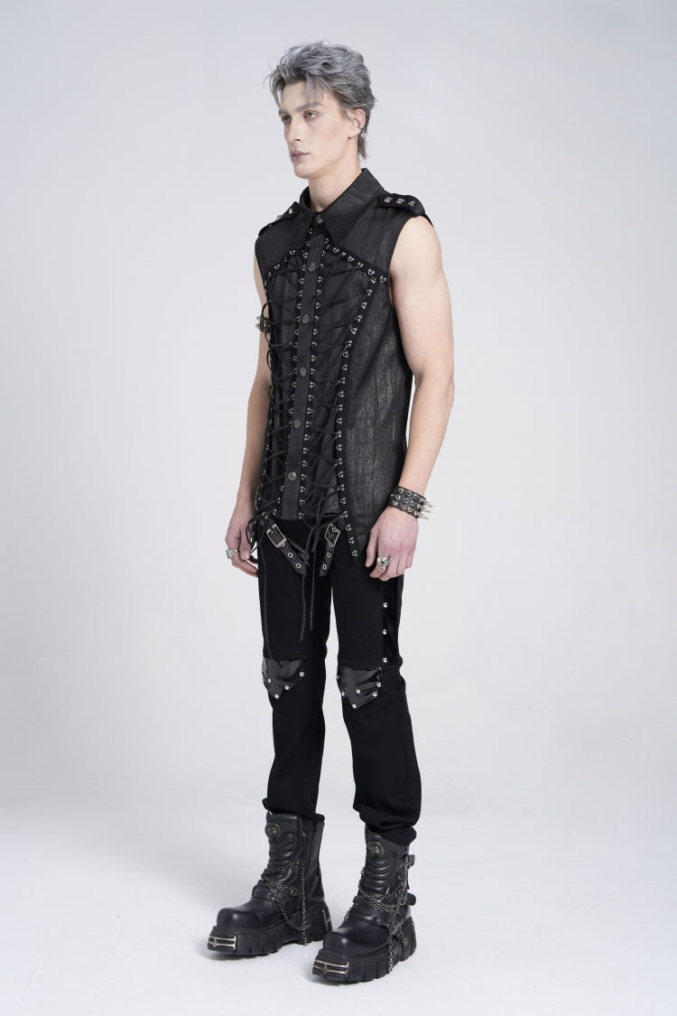 Black Sleeveless Studded Lace-Up Men's Gothic Blouse