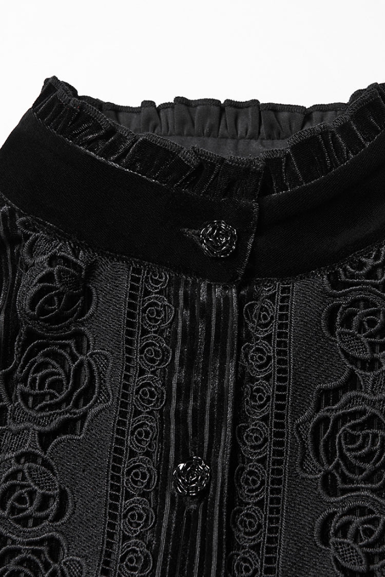 Black Stand Collar Long Puff Sleeves Floral Embroidered Lace-Up Women's Gothic Blouse