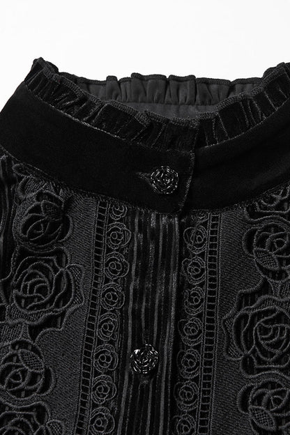 Black Stand Collar Long Puff Sleeves Floral Embroidered Lace-Up Women's Gothic Blouse