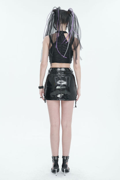 Black Slim Knit Mechanic Computer Moire Adjustable Women's Punk Halter Vest