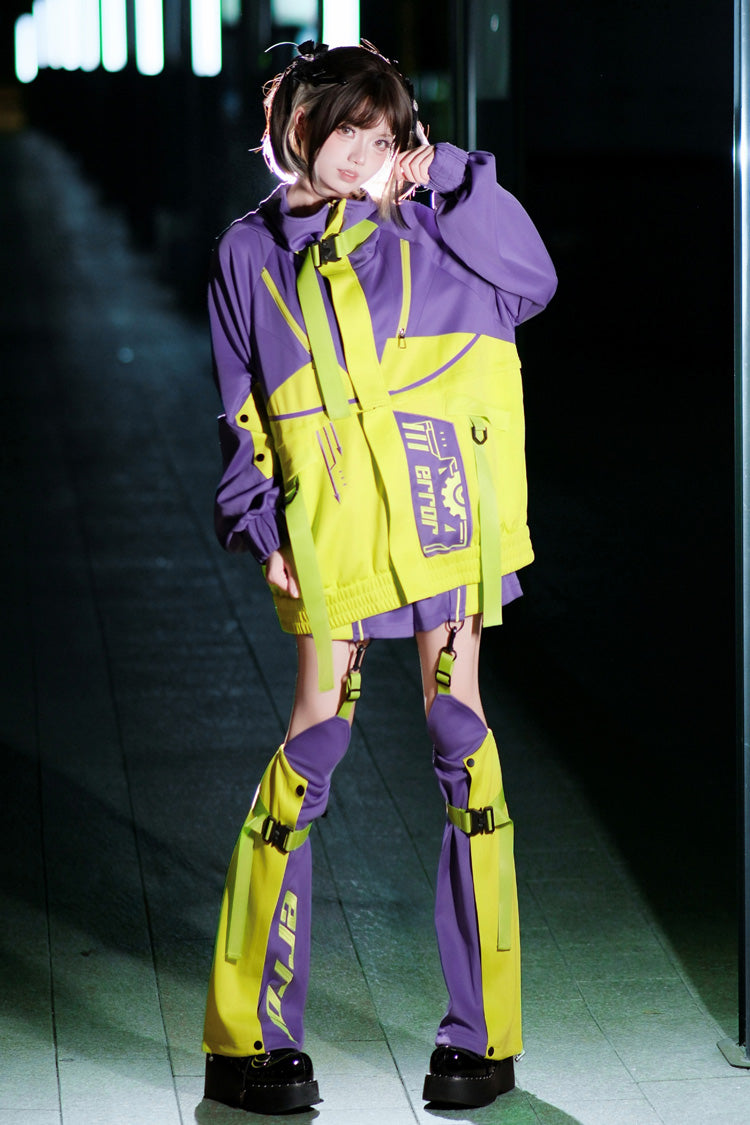 Neon Purple/Green [Zero-Type Transformation] Techwear Long Sleeves Embroidered Hooded Punk Jirai Kei Shorts Coat Set