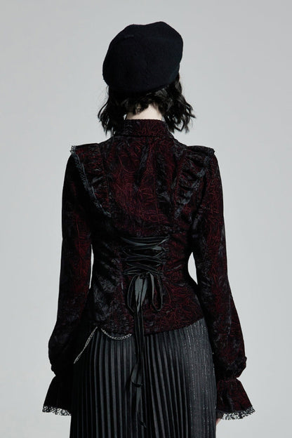 Black/Red Stand Collar Floral Embroidery Lace Women's Gothic Blouse