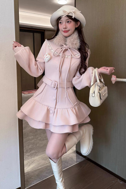 Pink [Berry Champagne] Doll Collar Long Sleeves Double-Layered Ruffled Sweet Princess Lolita Wool-blend Coat