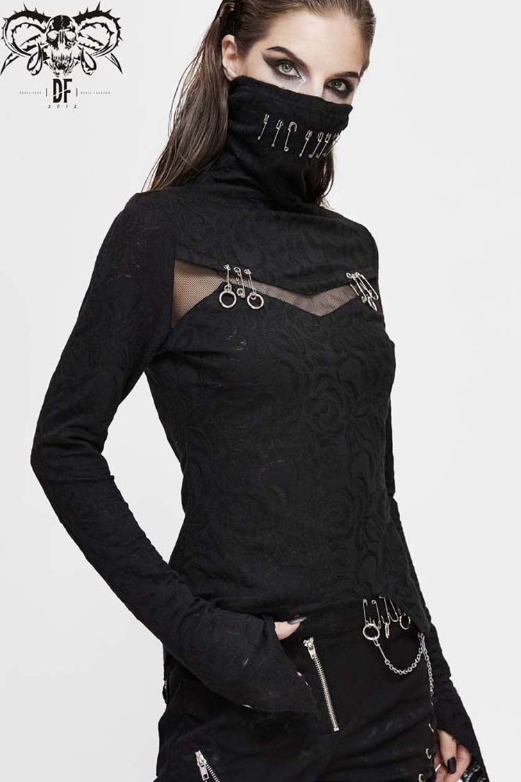 Black Turtleneck Chest Splice Fine Mesh Pin Decoration Sharp Angle Hem Women's Punk Shirt