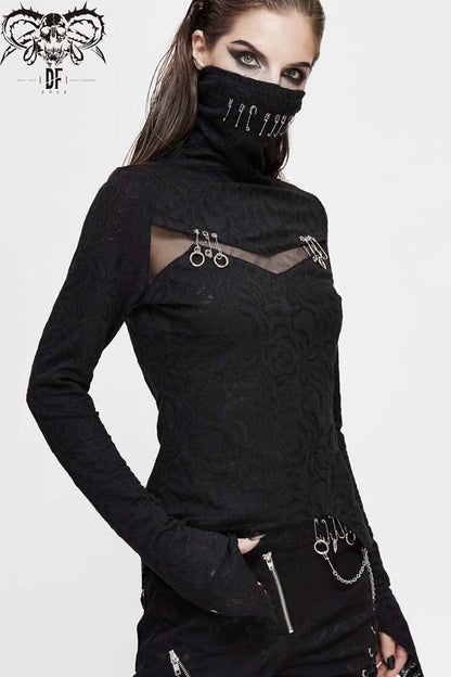 Black Turtleneck Chest Splice Fine Mesh Pin Decoration Sharp Angle Hem Women's Punk Shirt