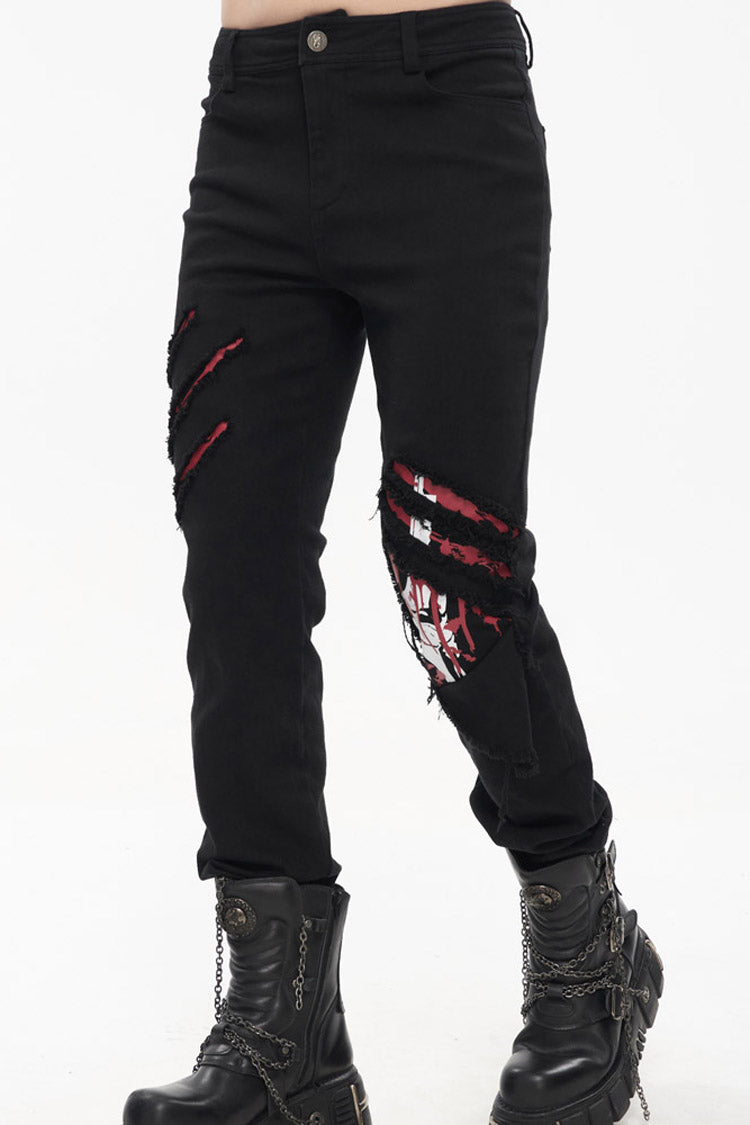 Black Punk Twill Ripped Leg-Bone Bleed Print Men's Pants