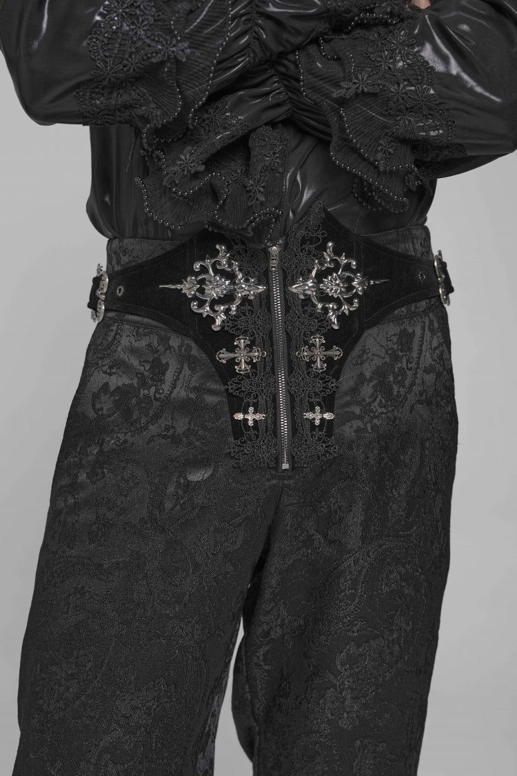 Black Printed Lace-Up Buckled Zippered Men's Gothic Pants