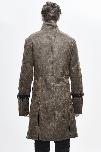 Brown Steampunk Patch Mens Long Leather Coat