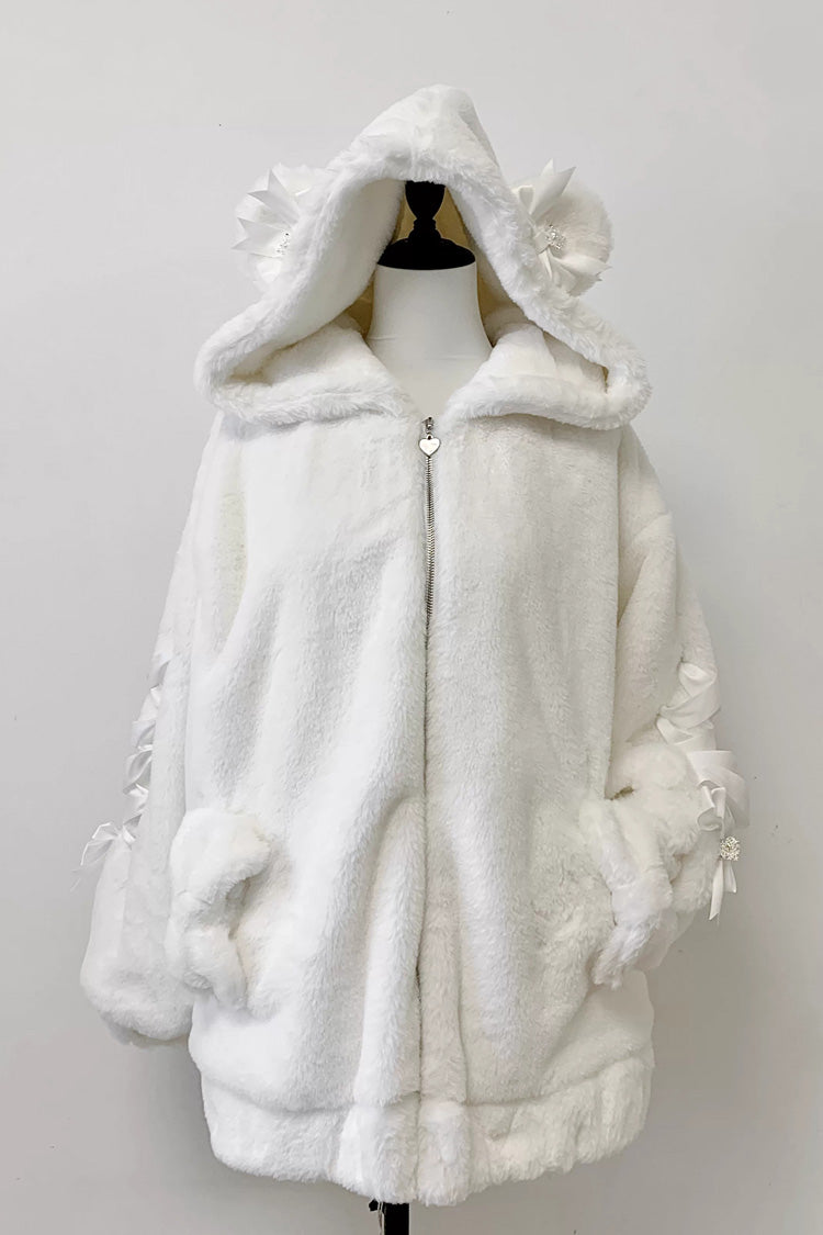 [Sleepy Bear Fluffy] Bear Ears Long Sleeves Bow Lace-Up Hooded Zippered Sweet Jirai Kei Japanese Coat