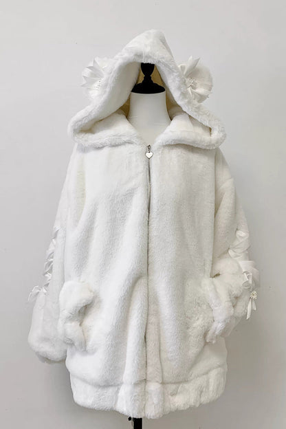 [Sleepy Bear Fluffy] Bear Ears Long Sleeves Bow Lace-Up Hooded Zippered Sweet Jirai Kei Japanese Coat