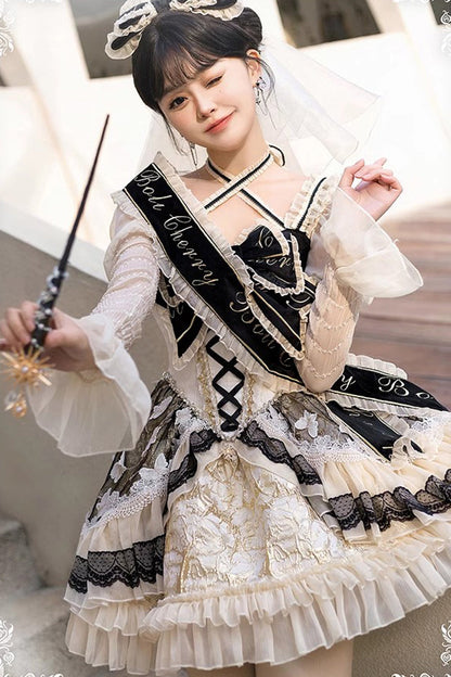 Black/Gold [Lilibet] Print Ruffle Cardigan Bowknot Lace Fishbone Sweet Lolita Dress