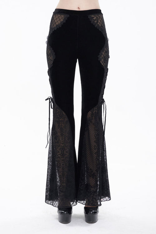 Black Translucent Velvet Jacquard Sexy Panel Lace-Up Plaid Flared Gothic Women's Pants