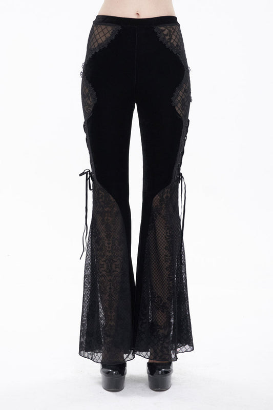 Black Translucent Velvet Jacquard Sexy Panel Lace-Up Plaid Flared Gothic Women's Pants