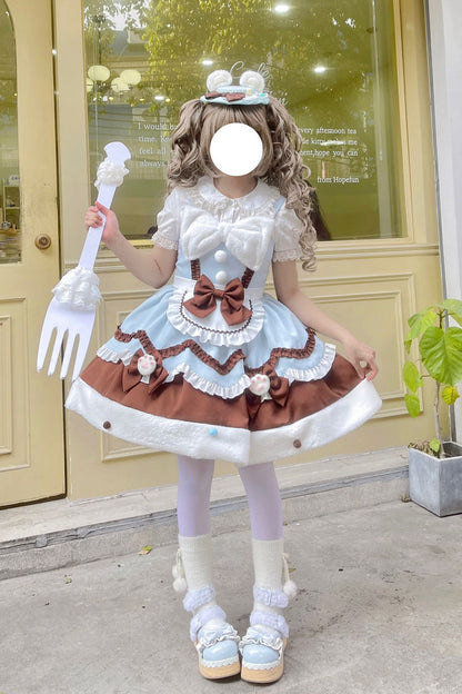 Blue/Brown [Cream Snow Cat] Winter Ruffle Bowknot Sweet Lolita Jsk Dress