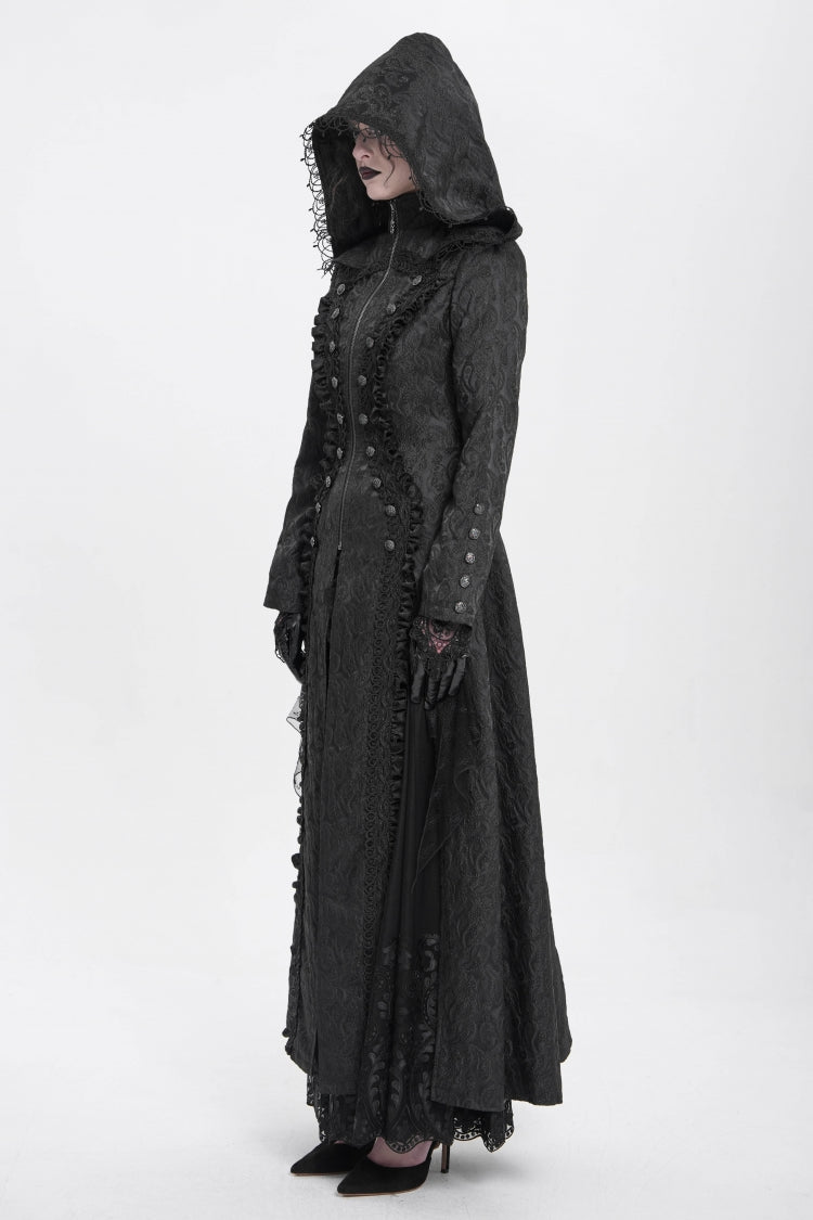 Black Stand Collar Long Sleeves Ruffle Hooded Women's Gothic Long Coat