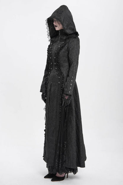 Black Stand Collar Long Sleeves Ruffle Hooded Women's Gothic Long Coat