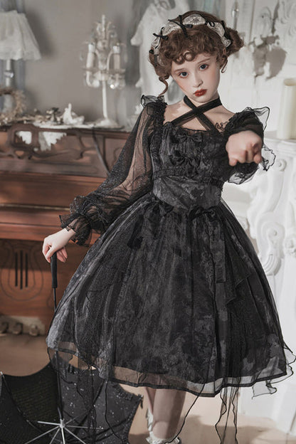 Black Ruffled Strap Mesh Lantern Sleeves High Waisted Irregular Hem Gothic Lolita OP Dress
