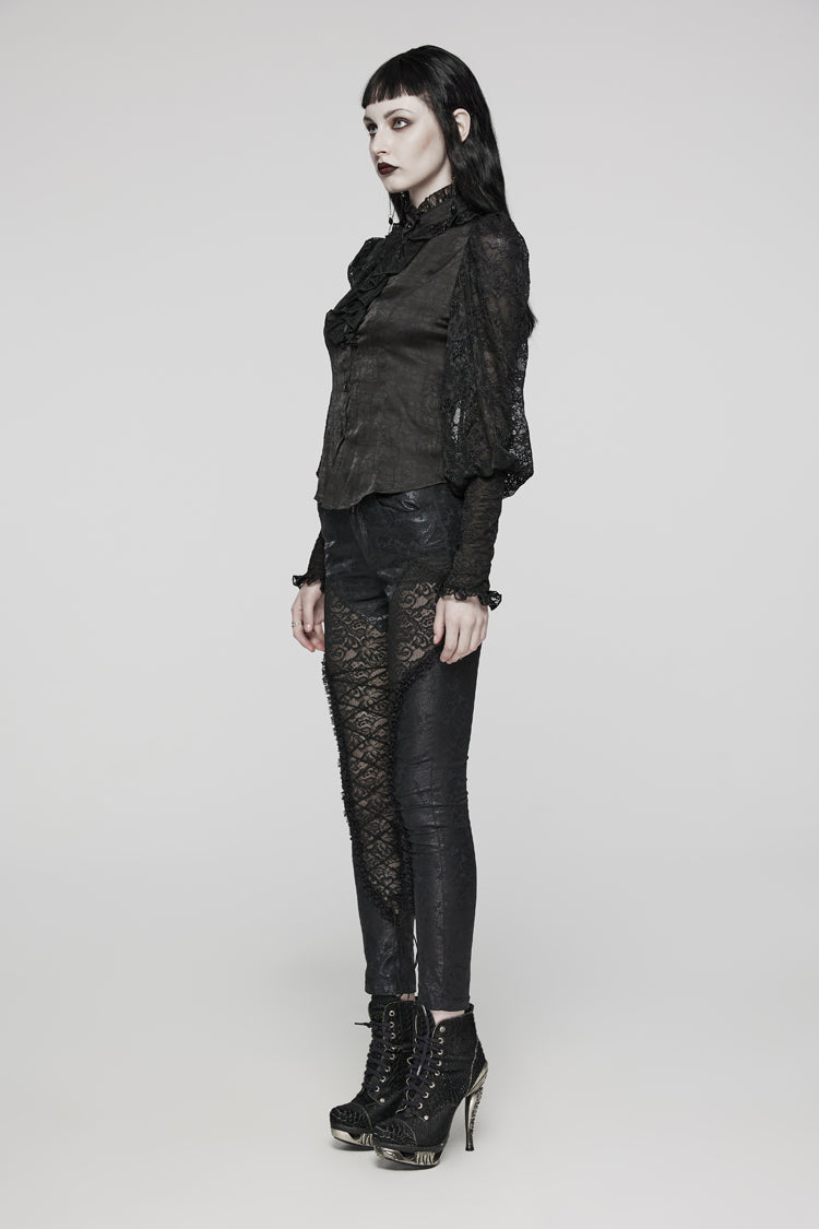 Black Stand Collar Lace Long Sleeves Ruffle Hollow Womens Gothic Blouse