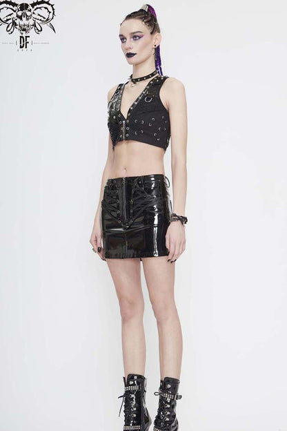 Black Short Leather Splice Mesh Asymmetrical Heavy Metal Decoration Women's Punk Waistcoat