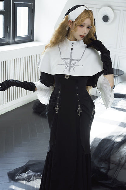 Black [Halloween Night Temple Nun] Short Sleeves Print Ruffle Gothic Elegant Lolita Dress