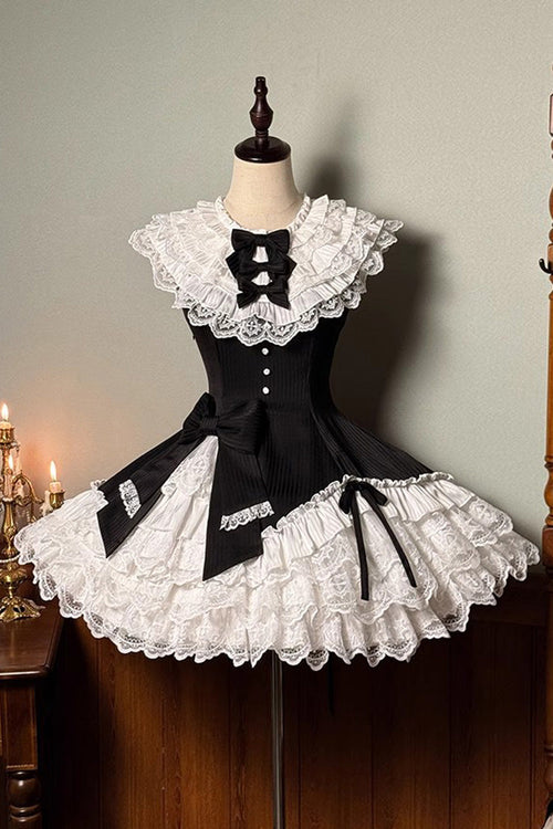 Black/White [Miss Tsundere] Sleeveless Multi-Layered Ruffle Bowknot Lace Asymmetric Sweet Princess Lolita Dress