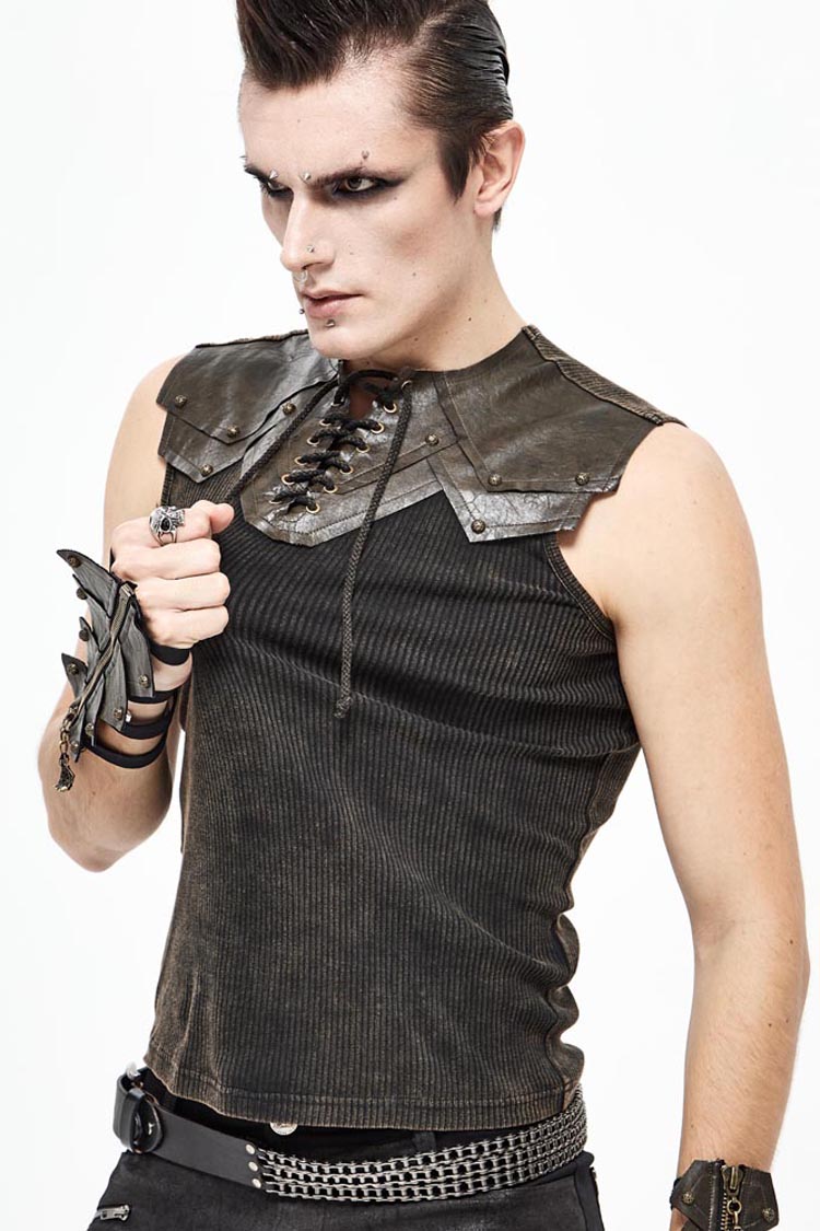 Brown Lace Up Striped Shoulder Armor Shape Chest Knitting Men's Punk Vest