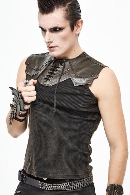 Brown Lace Up Striped Shoulder Armor Shape Chest Knitting Men's Punk Vest