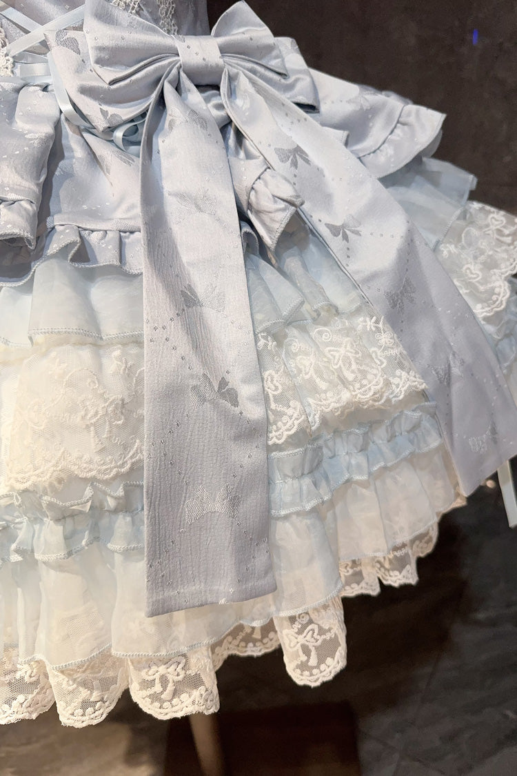 Blue [Misty Mountain Veil] Sleeveless Multi-Layered Ruffled Bow Lace Sweet Princess Ballet Lolita Jsk Dress