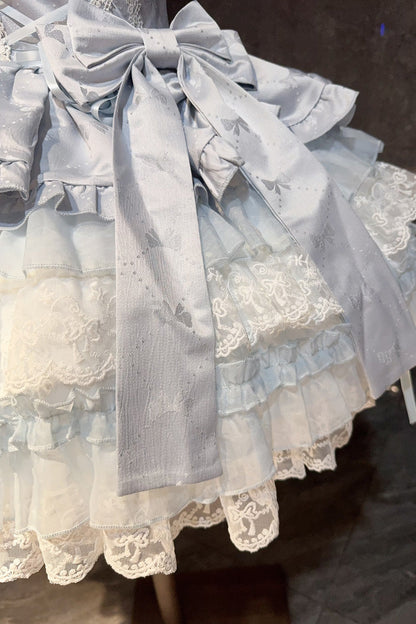 Blue [Misty Mountain Veil] Sleeveless Multi-Layered Ruffled Bow Lace Sweet Princess Ballet Lolita Jsk Dress