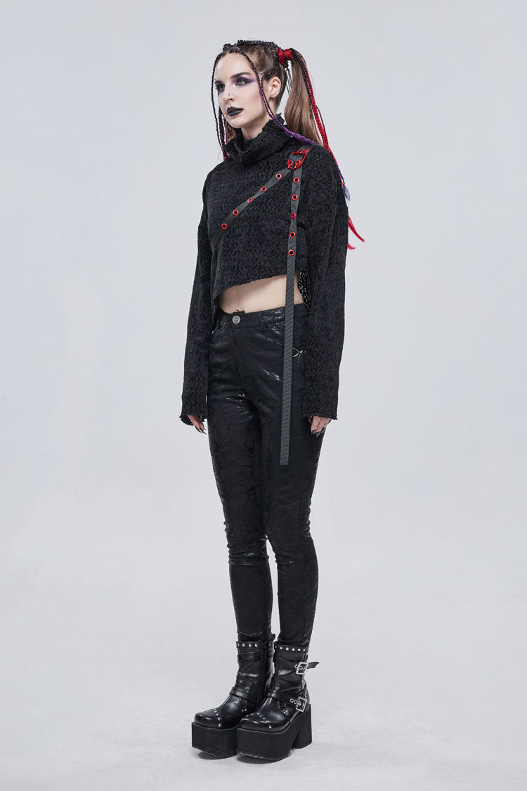 Black Texture Grainy Turtleneck Metal Buckle Through With Grommet Decoration Irregular Women's Punk Sweater
