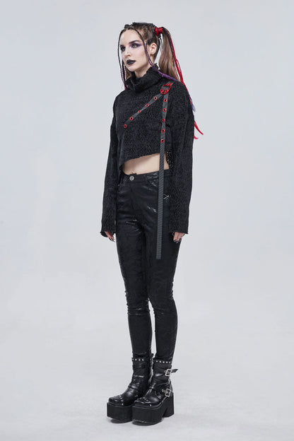 Black Texture Grainy Turtleneck Metal Buckle Through With Grommet Decoration Irregular Women's Punk Sweater