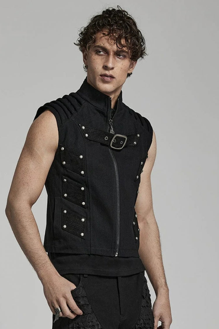 Black Stand Collar Sleeveless Stitching Buckle Decoration Mens Steampunk Vest