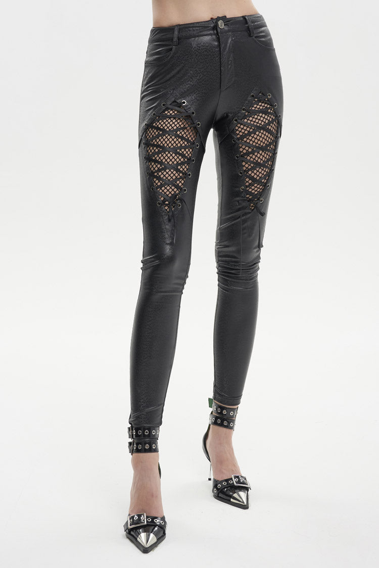 Black Stretch Diamond Wavy String Adjustable Slim Fit Women's Punk Trousers