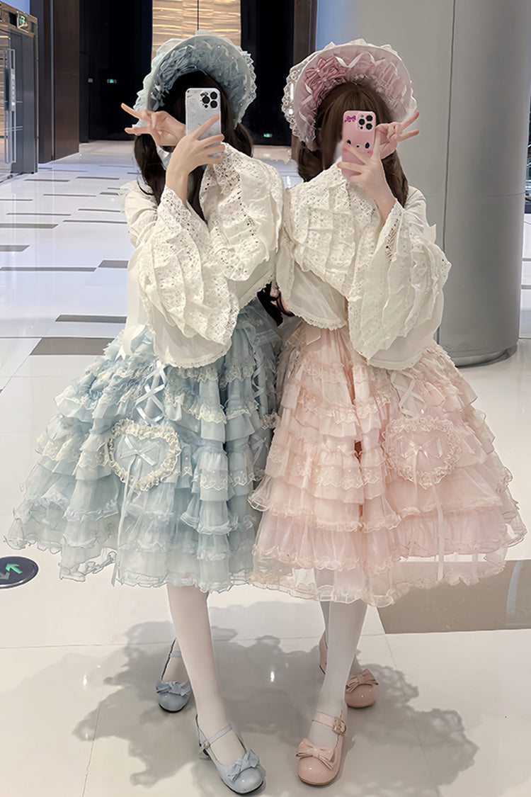 Blue [Sweetheart Diary] Multi-Layered Ruffle Hanayome Embroidery Bowknot Lace Sweet Lolita Jsk Dress