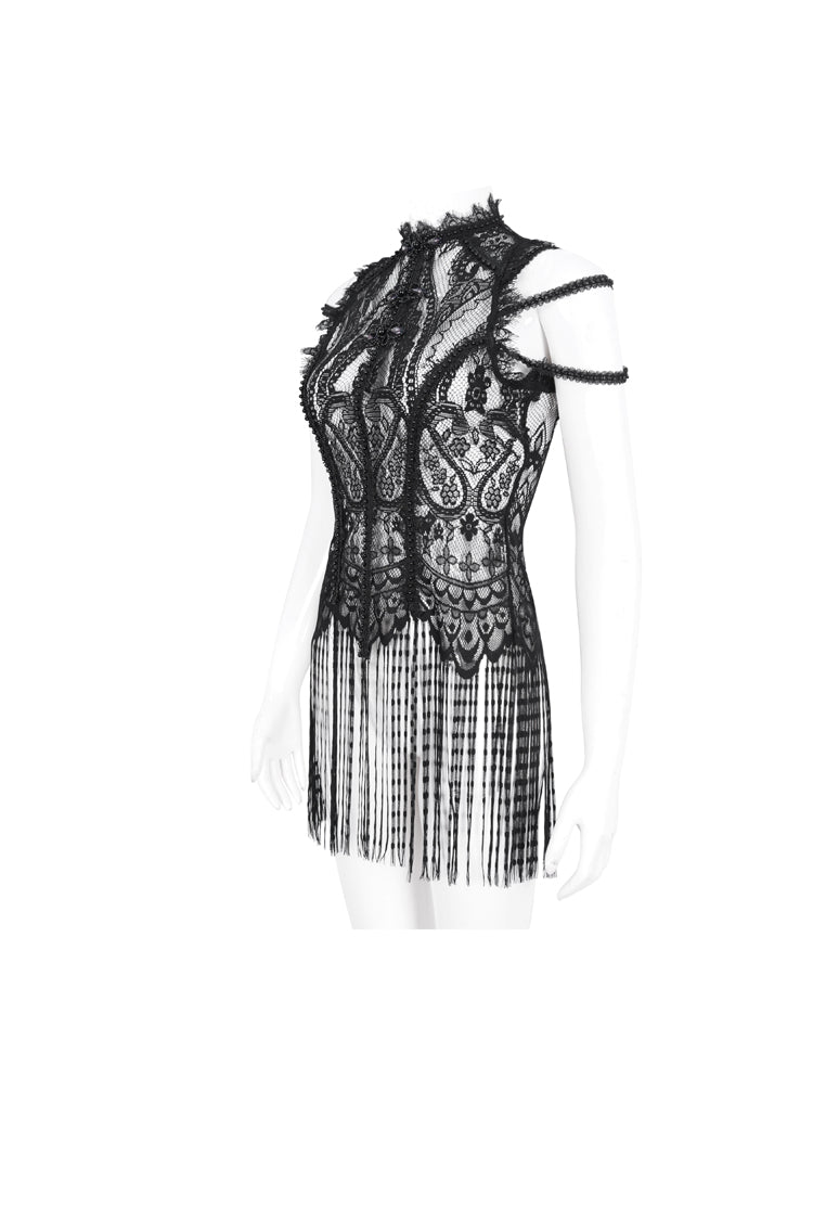 Black Round Collar Embroidery Lace Womens Gothic T-Shirt