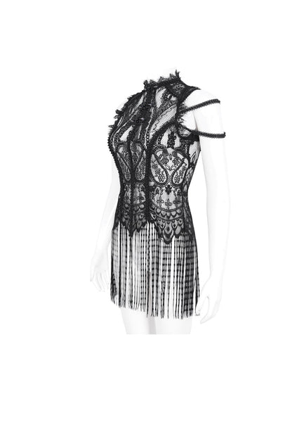 Black Round Collar Embroidery Lace Womens Gothic T-Shirt