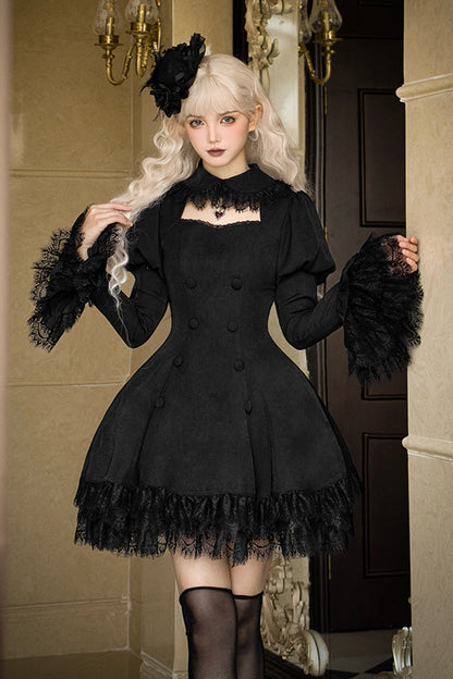 Black [Midnight Whisper] Double-breasted Short Sleeves Hollow Gothic Lolita Dress