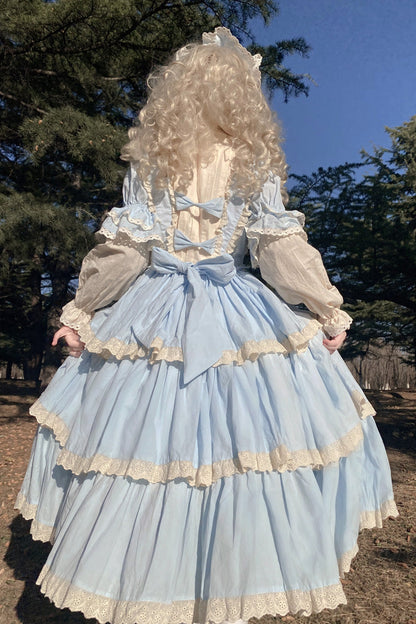Blue Lapel Collar Long Sleeves High Waisted Multi-layer Bowknot Sweet Lolita Dress