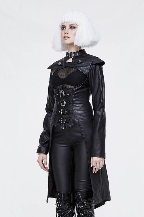 Black waisted short front and long back bare breast leather long womens Punk coat