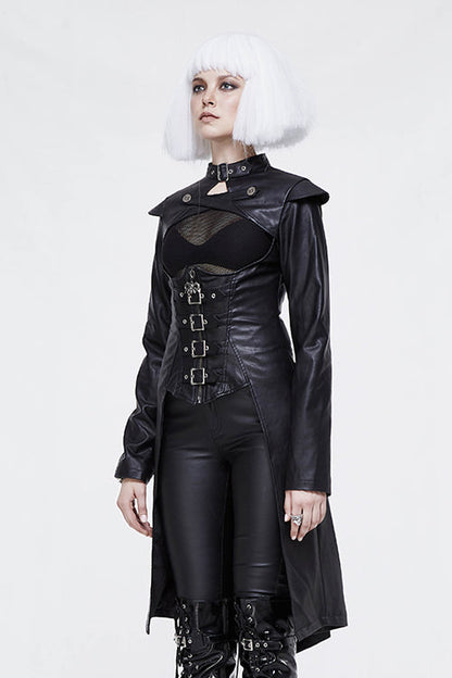 Black waisted short front and long back bare breast leather long womens Punk coat