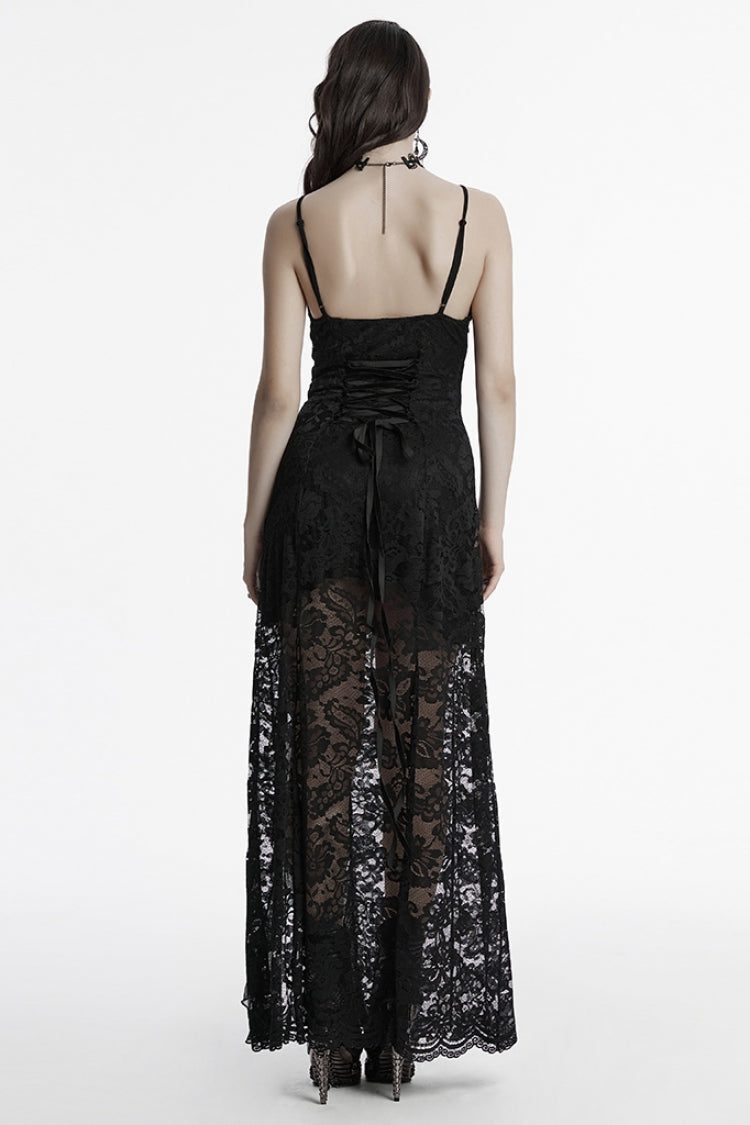 Black Sleeveless Plunging Split Hollow Embroidery Lace Women's Gothic Evening Slip Dress