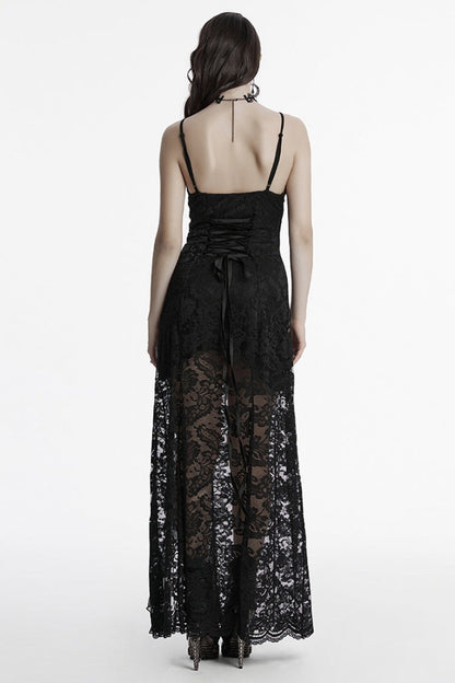 Black Sleeveless Plunging Split Hollow Embroidery Lace Women's Gothic Evening Slip Dress