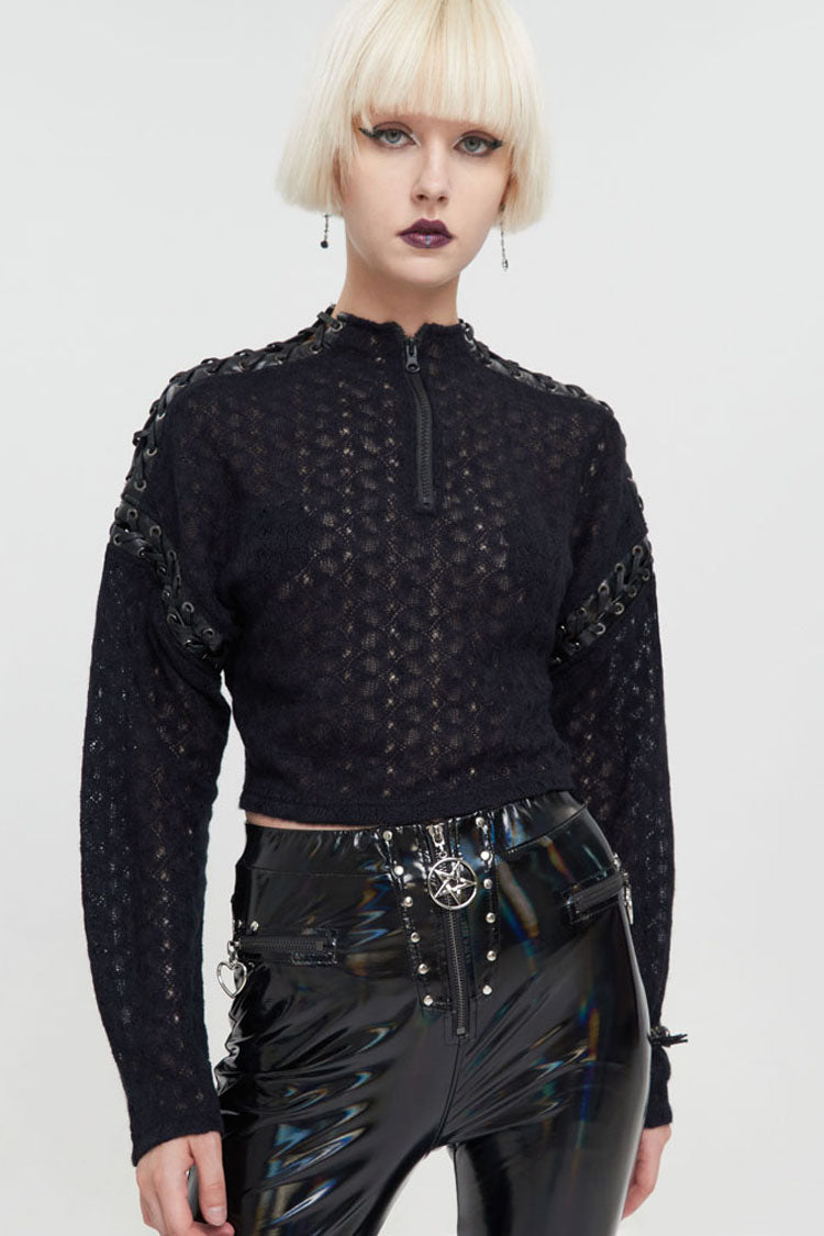 Black Wool Dropped Shoulders Perforated Sleeves Strap Connection Neck Zipper Loose Long Sleeve Women's Punk Sweater