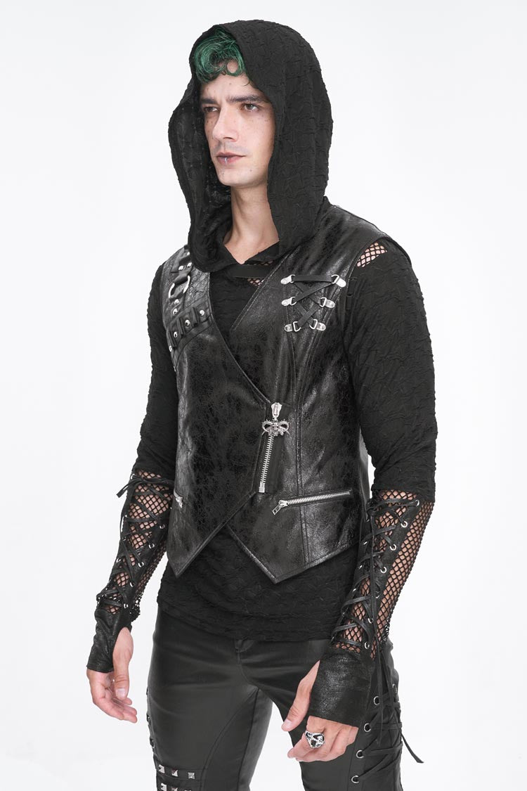 Black Zipper Faux Leather Men's Punk Waistcoat