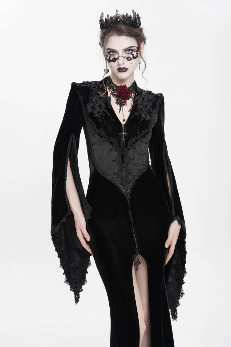 Black V Collar Long Trumpet Sleeves Floral Embroidered Velvet Women's Gothic Dress