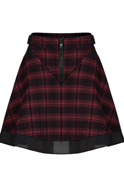 Red Chiffon Plaid Large-Hole Mesh Stitching V-Word Segmentation Design Sun-Hem Women's Punk Skirt