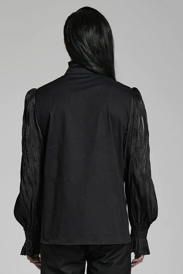 Black Stand Collar Ruched Stitching Lace Mens Gothic Blouse with Scarf