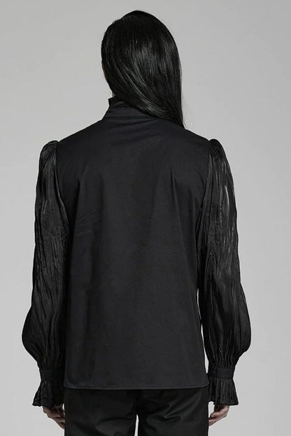 Black Stand Collar Ruched Stitching Lace Mens Gothic Blouse with Scarf